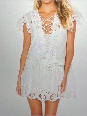 Free People Esperanza Eyelet Crochet Lace-Up Mini Dress - White Ivory Medium